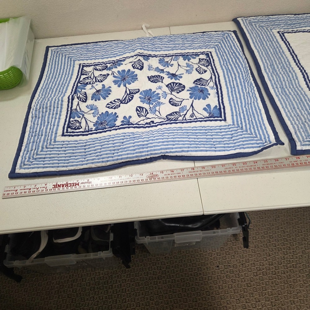 Company Store Blue White Floral Striped Quilted Pillow Shams Set of 2 - Picture 2 of 7
